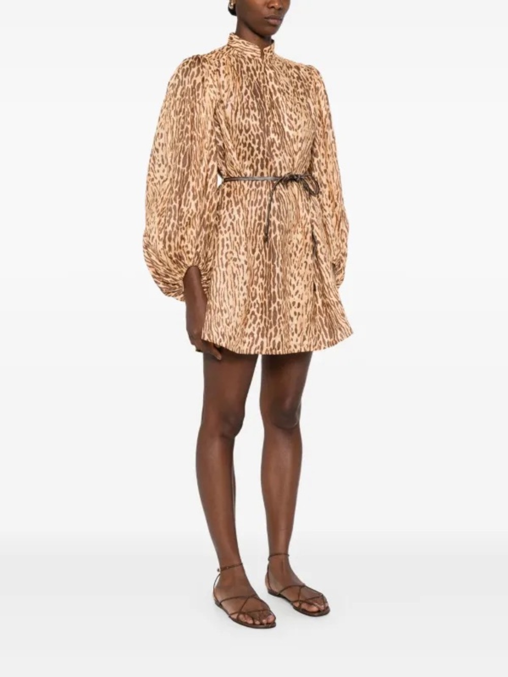 French Connection Beige and Cream Leopard-Print Long Sleeve Dress